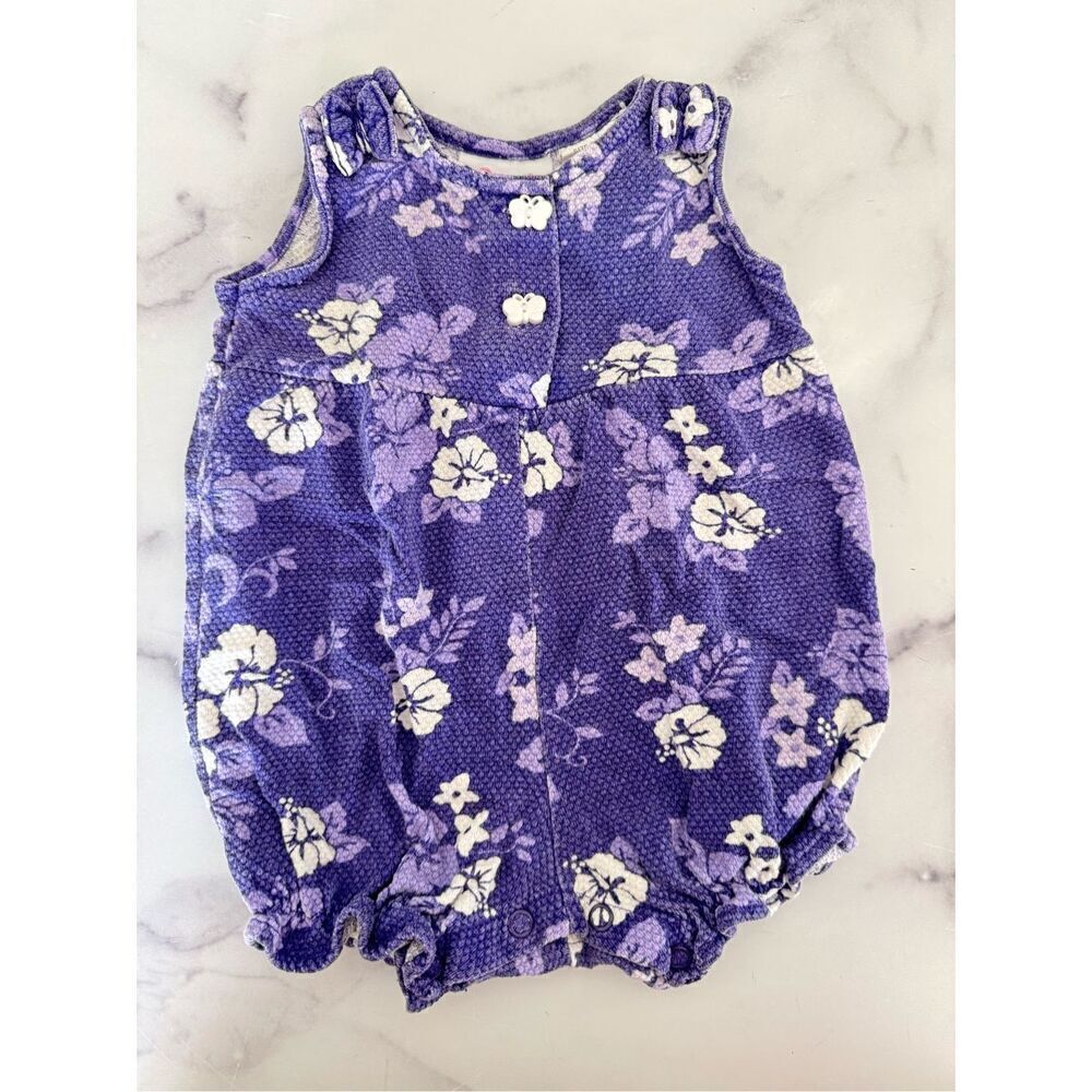 Small steps 3-6 month vintage 90s retro purple Hawiiaan floral romper hibiscus c